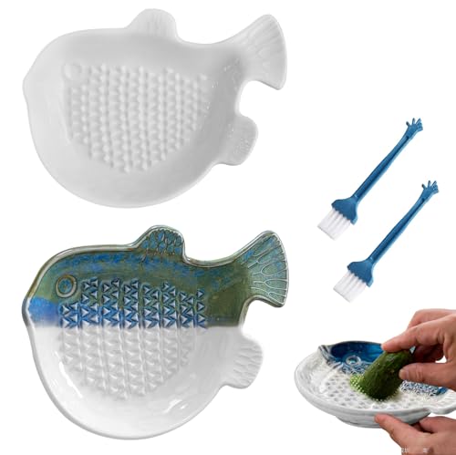 TOATELU Lot de 2 Râpes à Ail et Gingembre en Céramique en Forme de Poisson Sphérique avec Pinceau et Cuillère