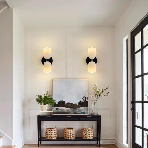 Image of Black Wall Sconces Set of Two Modern LED Bedside Reading Wall Light Fixture with Glass Wall Lamp for Bedroom Living Room Dining Room Reading Room Hallway(2-Light)