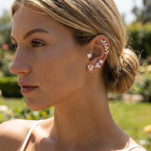 Image of SANNIDHI Earrings Set for Women Girls Gold Rhinestone Stud Earring Stainless Steel Cartilage Hypoallergenic Earrings Combo Set for Multiple Piercing