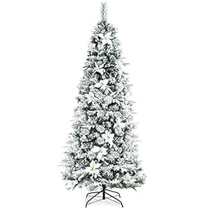 Goplus Snow Flocked Pencil Christmas Tree, 7FT Hinged Artificial Skinny Xmas Tree with White Berries, Poinsettia Flowers and Folding Metal Stand, Perfect for Holiday Indoor Décor Goplus Snow Flocked Pencil Christmas Tree 7FT Hinged Artificial Skinny Xmas Tree with White Berries Poinsettia Flowers and Folding Metal Stand Perfect for Holiday Indoor Decor