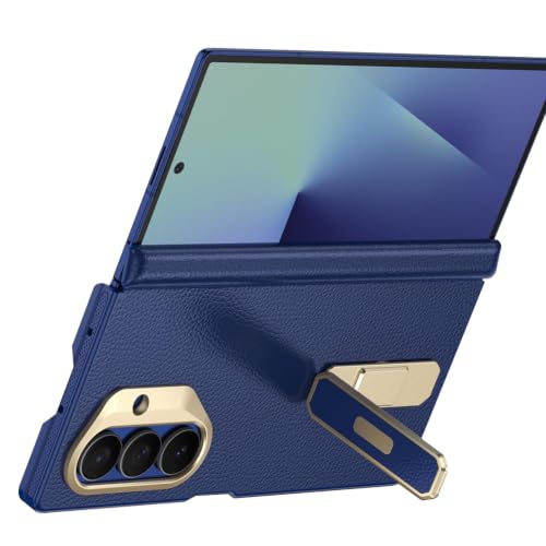 Coque Samsung Z Fold 7 de luxe en cuir litchi bleu et finitions galvanisées