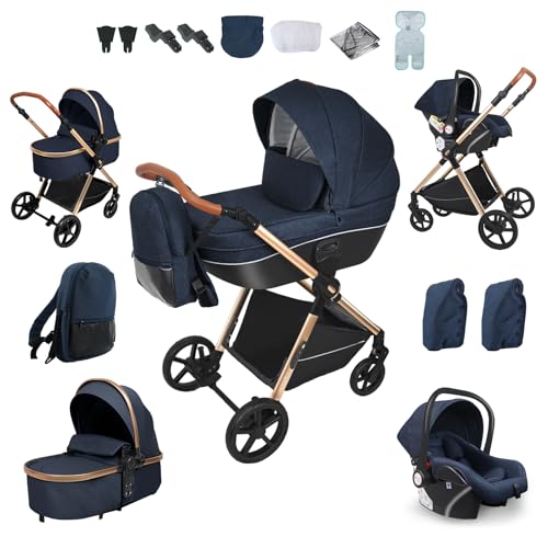 Prokoke Carrito Bebe 4 en 1, Carro Bebe 4 Piezas con Empuje Reversible de Dos Vías, Cochecito Bebe 4 Piezas con Estructura de Aleación de Aluminio, Coche Bebe 4 en 1 Recién Nacidos (H2 Blue)