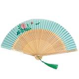 GFM® Éventail chinois pliable en soie de bambou pour l'été, un mariage, une fête, etc. (FLSLK MR C) (Floral F22 Turquoise)(FLSLK F22 TX)