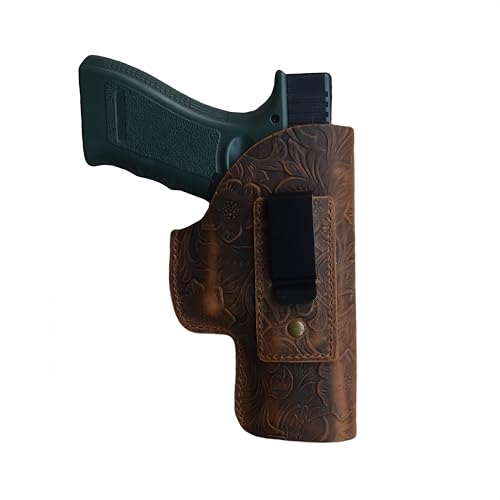 JJNUSA Genuine Leather Gun Holster for Glock 19 17 19X 22 23 26 31 32 44 45 Ruger SR9 SR22 Sig P225 P299 SW MP9 MP40 Leather IWB Holster Flower Brown Right Handed