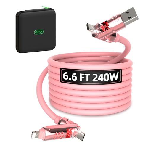 Image of MFish 4-in-1 Fast Charging Cable, 6.6FT 240W PD 3.1 USB-A /USB-C to USB-C & Lightning, Silicone Multi Charging Cable with Case, CarPlay Compatible, for iPhone 17 /16 Series, MacBook, iPad, Pink