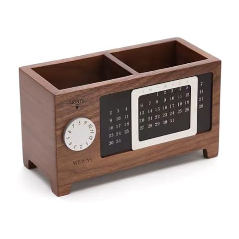 Walnut Pen & Pencil Holder Office Desk Supplies Organizer Gift, Wooden Pens Holder Box Cup with Perpetual Calendar for Remote Control Stationery Storage Cover