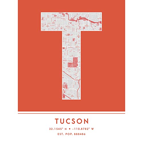 Wee Blue Coo Tucson Arizona United States City Map Orange Colour Block Modern Typography Stylish Letter Unframed Word Wall Art Print Poster for Home Décor CITYMAP1