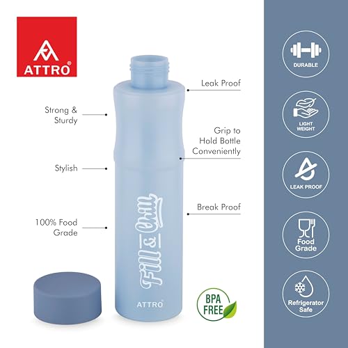 Image of ATTRO Crazy 1000ml Water Bottle - Round Plastic Fridge Bottle - Airtight, Leak-Proof, BPA-Free, Freezer Safe Durable & Lightweight - Set of 2 Grey - Ideal for Home & Office