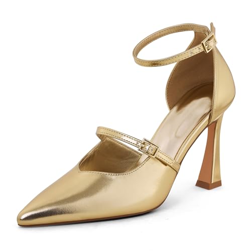 GENSHUO Women's High Heels Closed Toe D'Orsay Stiletto Pointed Toe 3.54 Inch Pumps with Ankle Strap Dress Shoes at Wedding Party Prom Work Dating