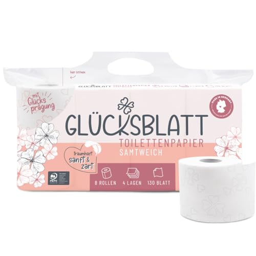 Glücksblatt Toilettenpapier SAMTWEICH, 4-lagig, 8 Rollen x 130 Blatt, 100% Zellstoff, superweiches Klopapier, WC Papier, ideal für Camping, Verpackung aus mindestens 30% PCR-Anteil (8 Rollen)