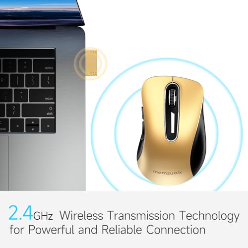Image of memzuoix 2.4G Wireless Mouse, 1400 DPI Mobile Optical Cordless Mouse with USB Receiver, Portable Computer Mice Wireless Mice for Laptop, PC, Desktop, MacBook, 5 Buttons (Gold)