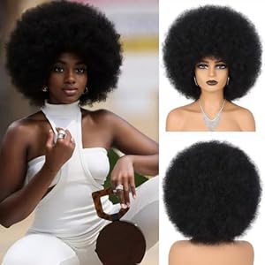 70s Afro Wigs for Black Women Glueless Wear and Go Wig Curly Afro Puff Heat Resistant Synthetic Wigs for Daily and Party Halloween Costume Use (1B)