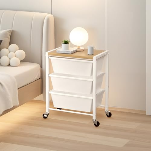 Rolling Cart with 3 Drawers, Plastic Drawer Storage Carts with Lockable Wheels & Wooden Tabletop, Metal Utility Cart Organizer, Office Bedroom Classroom Craft Organization and Storage, Bright White by Time Forest - Image 2