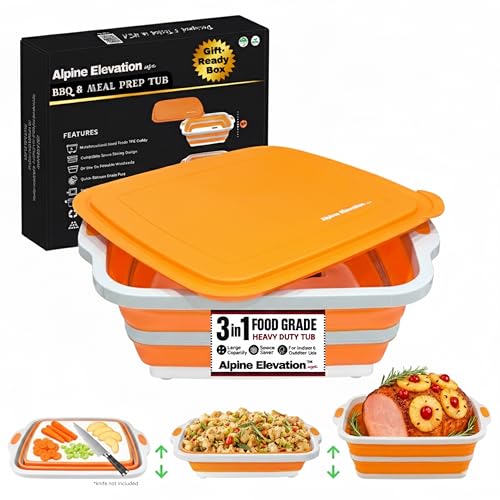 Collapsible Large (8L) BBQ Marinating Tub w/ Cutting Board | Multipurpose Food-Grade TPE Prep Tub w/ Lid | Built-In Colander & Drain Plug - For Camping | Tailgate | Picnic - Bold Orange