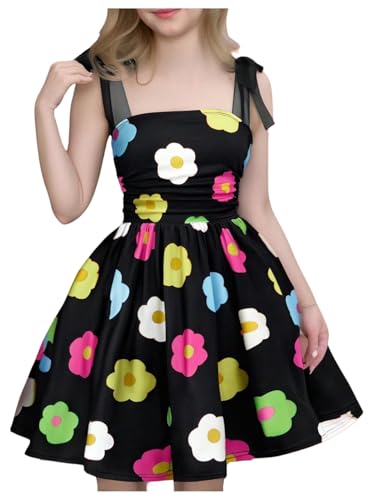 Verdusa Girl's Floral Print Tie Shoulder Dress Ruched Square Neck A Line Dresses