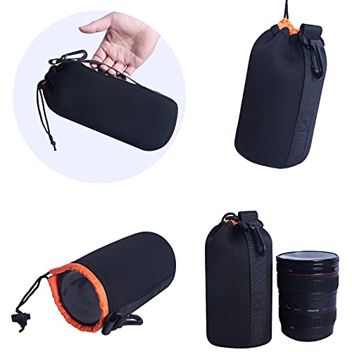 4 Pack Neoprene Pouch, Soft Plush Camera Lens Pouch, Compatible with Canon, Nikon, Sony, Olympus Pentax Lens Pouches (Black+Orange)