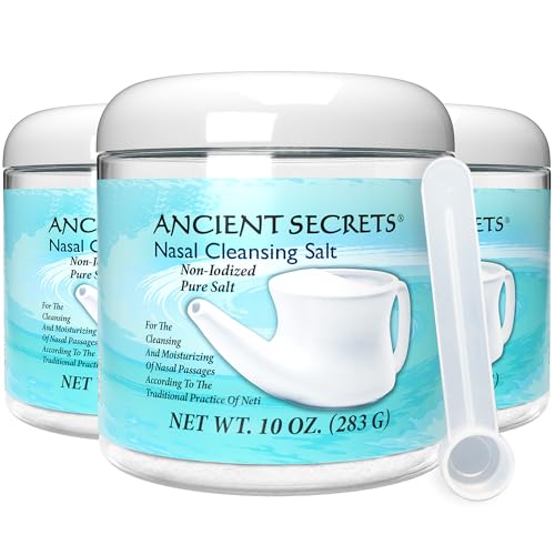 Ancient Secrets Nasal Cleansing Salt, Non-Iodized, 3-Pack – USP-Grade Sodium Chloride for Any Neti Pot, Sinus Irrigation System, 10 Oz Ea