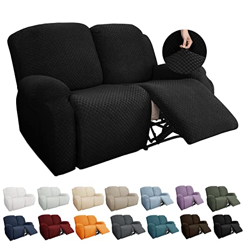 Image of YEMYHOM 6 Pieces Stretch Loveseat Recliner Slipcover Jacquard Recliner Sofa Cover with Side Pocket Fitted Recliner Cover Couch Furniture Protector with Elastic Bottom (Loveseat Recliner, Black)