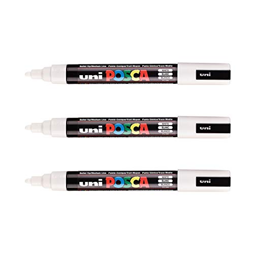 POSCA - Mitsubishi Pencil - 3 Marqueurs Blancs PC-5M - Pointe Conique Pointe Moyenne - Marqueur Peinture à Base d'Eau - Tout Support - Pour Papier, Textile, Verre, Galet, Bois