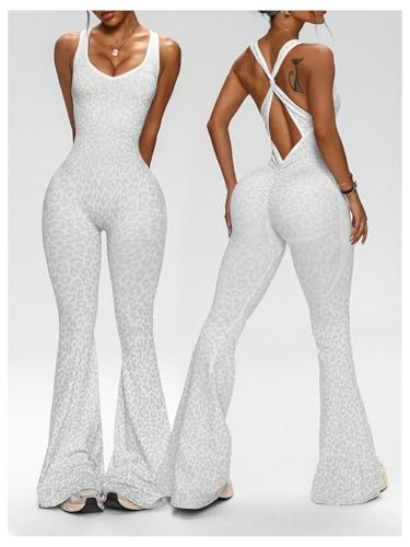 Image of Verdusa Women's Cheetah Print Workout Sets Yoga Jumpsuit Criss Cross Sleeveless Work Out Clothes Flared Pants Jumpsuits