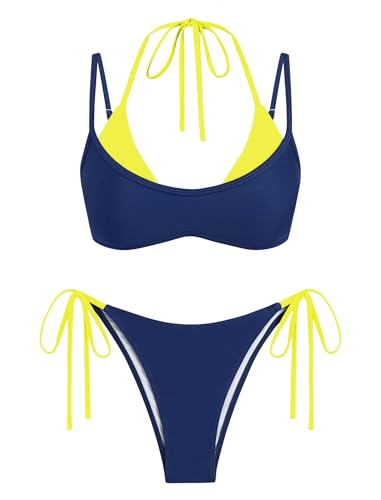 Image of ZAFUL Women's Polka Dot Bikini Set Double Layer Halter Swimsuit Colorblock Side Tie 2 Piece Bathing Suit