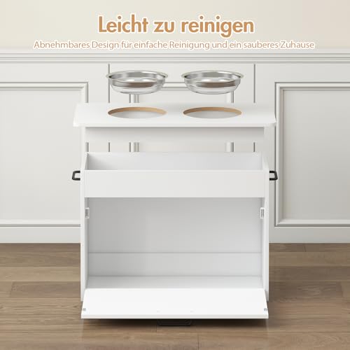 Hundenapf Erhöht Große Hunde, Weißer Futterschrank mit 2 Edelstahlnäpfen, Futterstation Hund mit Stauraum und 3 Griffen, Erhöhter Futternapf Hund, Hundebar Mittelgroße Hunde, 60x30x41cm
