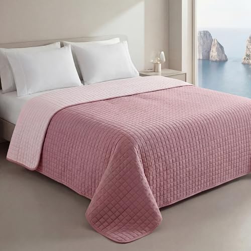 Clara Home Milano Copriletto Trapuntato Capri in Microfibra Manopesca, Double Face, Trapuntino Primavera Estate, Qualità Premium, Made in Italy, Coperta Letto Singolo, Colore Cipria
