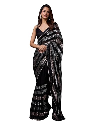 Image of TRENDMALLS Women's Georgette Embroidery Sequence Work Saree With Unstitched Blouse Piece