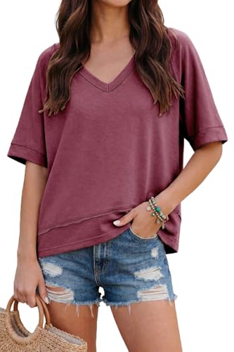 Fololy Damen Tshirt Oversize Sommer Oberteil Kurzarm Baumwolle V-Ausschnitt blusen elegant Tunika Tops(weinrot/XL)