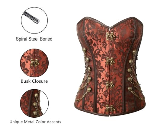 Image of Charmian Women's Steel Boned Steampunk Gothic Bustier Corset with Chains | Overbust Corset, Premium Brocade & Leather, Clasp Closure, Lace-up Back