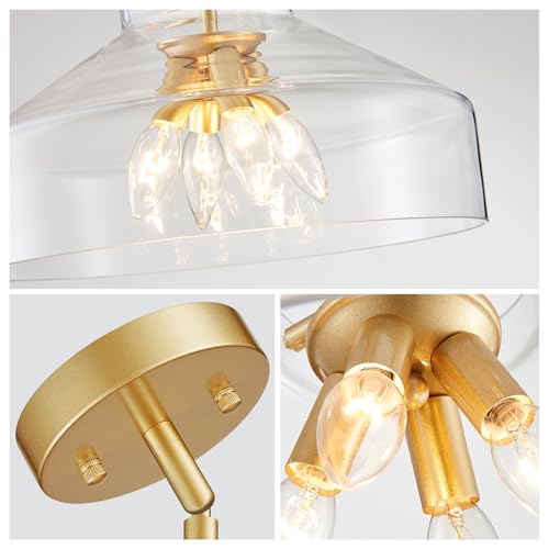 Image of WUZUPS Chandelier Rustic Farmhouse Industrial Round Ceiling Pendant LED Light Fixture with Clear Glass Shades for Dining Room Kitchen Island Foyer Entryway, H 11.8 inch W 15 inch, E26 Base, Gold