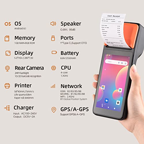 Bisofice Pos Receipt Printer Android 8.1 1D/2D Barcode Scanner Pda Terminal 3G Wifi Bt Communication With 5.0" Touchscreen 58Mm Width/Nfc Thermal Label Printing For Supermarket Restaurant (Pda) #TOP4