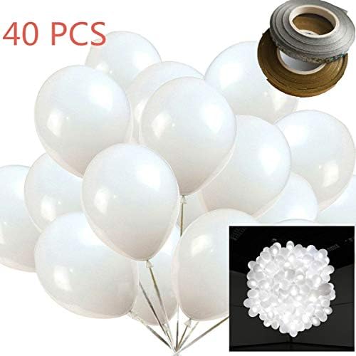 ALUNME 40 Pack LED Light Up White Balloons Non-Flashing White Lights Party Wedding Balloons with 2 Sliver& Glod Ribbon Long Standby Time for Dark Party,Wedding,Birthday