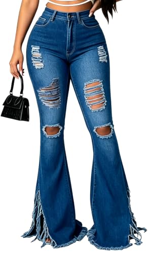 PaladMom Bell Bottom Jeans for Women Elastic High Waisted Ripped Raw Hem Wide Leg Denim Pants Skinny Tassels Flared Jeans(Blue,Small)