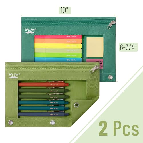 Image of Mr. Pen- Pencil Pouch for 3 Ring Binder, 2 Pack, 10 inchx6.75 inch, Smooth Zipper | Clear Window, Large Capacity Pencil Case with 3 Reinforced Grommets for School, Office, Supplies Storage | Clear Window, Large Capacity Pencil Case with 3 Reinforced Grommets for School, Office, Supplies Storage
