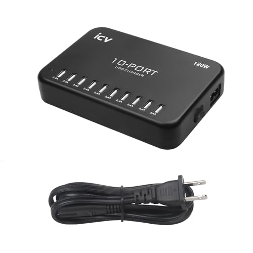 icv 120W USB Charging Station 10 Port Multi USB Desktop Charging Hub 5V 2.4A Wall Fast Charger for iPhone 14 13 12 11 Samsung Galaxy S21 S20, Black