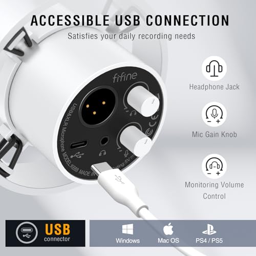 Image of FIFINE Studio XLR Dynamic Microphone, USB PC Podcast Microphone for Streaming Recording, XLR /USB Vocal Mic with Tap-to-Mute, Gain Knob, Headphones Monitoring-Amplitank K688 White