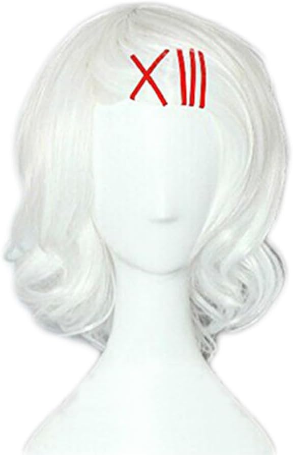 Japanese Anime Curly White Short Cosplay Costume Wig + Free Red Clips + Tattoo + Wig Cap