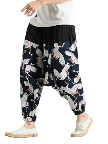 Men's Cotton Linen Aladdin Hippie Harem Pants Loose Drop Crotch Trousers