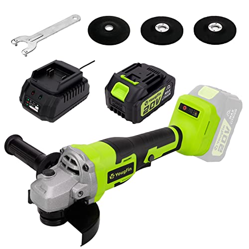 Yougfin Cordless Angle Grinder with Brushless Motor, 20V Power Grinders Tools with 4 1/2 Inch Cutting Wheels and Adjustable Auxiliary Handle