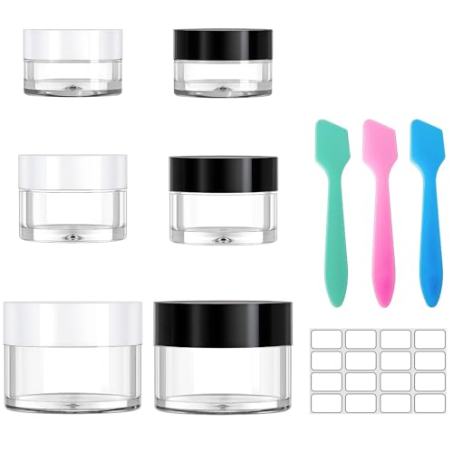 Premium Travel Size Containers for Toiletries, 3 Size 0.35/0.5/1 OZ Small Cosmetic Jars for Makeup Face Creams Lotion Moisturizer, 6 Pieces Jars with 2 Pieces Mini Spatulas