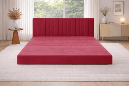 Image of Rosebell -3 Seater Upholstered Armless Sofa Cum Bed with Backrest | Velvet Fabric Finish | Modern Living Room & Bedroom -Red