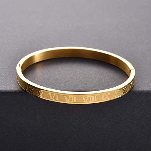 Jaline Gold Silver Rose Gold Plated Bracelets For Men Women Roman Numeral Bangle Bracelet Stainless Steel Personalized Engraved Unisex Gift (Gold 6Mm Womens) #TOP2