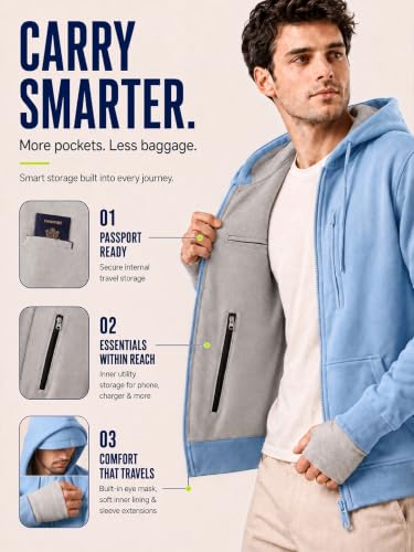 Image of NOBERO Travel Hoodies for Men|Cotton Fleece Solid Hooded Full Sleeve Sweatshirt|15 Utility Features,Tab & Drinks & earphones Holder,Charger & Sunglass Pocket, Microfiber Cloth,In-Built Gloves,Eye Mask
