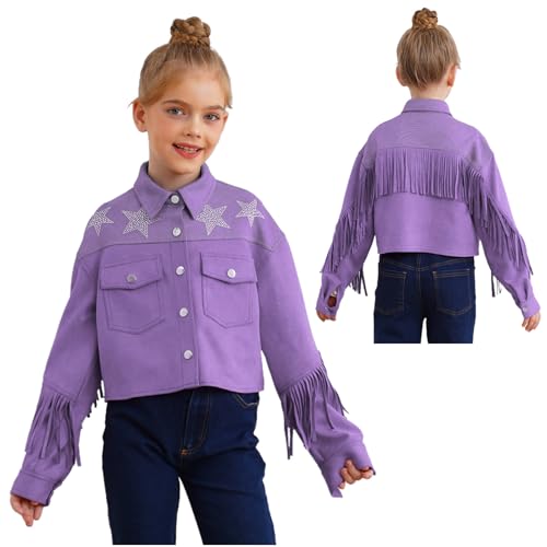 JEATHA Western Cowboy Jackets for Kids Cowgirl Long Sleeve Star Rhinestones Tassels Fringed Cardigan Coats