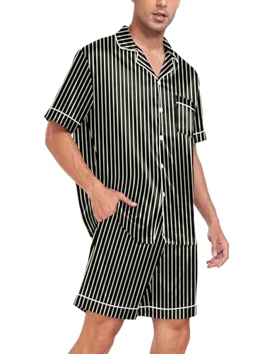 Image of SWOMOG Men Satin Silk Pajamas Sets Short Sleeve Sleepwear Button-Down PJs Sets Two-Pieces Loungewear with Pockets