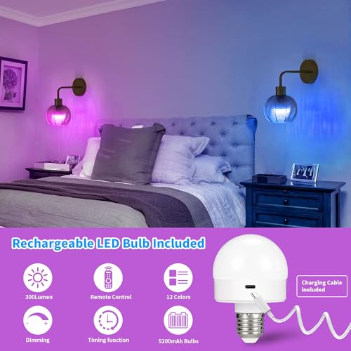 Image of Vintage Battery Operated Wall Sconces Set of Two 2,Wireless Rechargeable Wall Sconce with Remote,Gold Wall Lamp with Glass Lampshade,Dimmable Wall Light Fixtures For Bedroom Bedside Living Room Decor