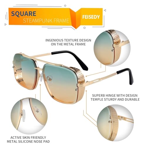 Image of FEISEDY Sunglasses Mens Women Vintage Pilot Square Trendy Metal Steampunk Fishing Driving Sun Glasses B2894