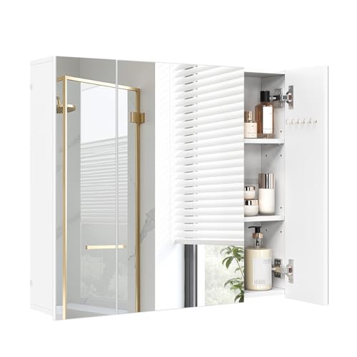 EUGAD Armario Baño con 3 Puertas de Espejo, Armario Colgante Pared con Estantes Ajustables y Ganchos, Mueble Baño para Piso, Estilo Nórdico, Blanco, 70x14,5x61 cm