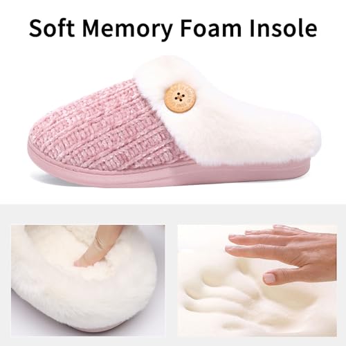 Image of Evshine Warm Knit House Slippers for Women Comfy Wool-Like Lined Chenille Slippers with Memory Foam and Indoor Outdoor Soles